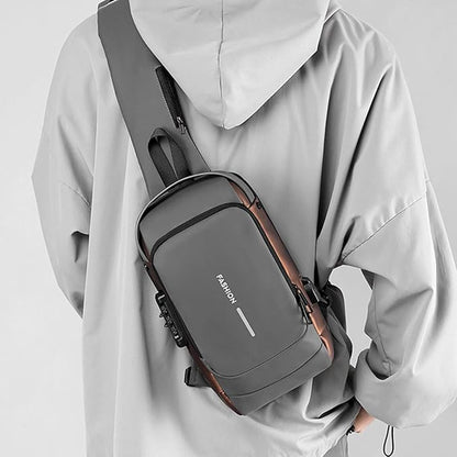 Person wearing a gray crossbody bag with 'FANTION' branding on a light gray background